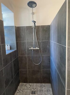 Shower, hair dryer, towels, toilet paper