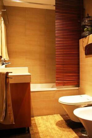 Hair dryer, bidet, towels, soap