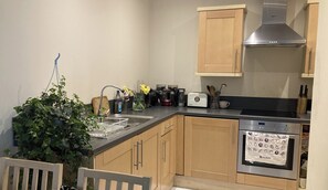 Apartamento | Cocina privada | Frigorífico, microondas, horno y placa de cocina