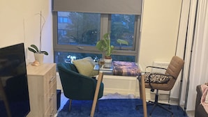 A room with a desk, a chair, a television, a plant, and a window.