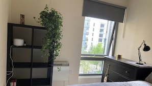 A bedroom with a bed, a dresser, a desk, a hanging plant, a radiator, and a window with a view of buildings.