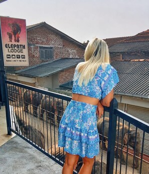A person standing on a balcony overlooking a fenced area with elephants. - Elepath Lodge - Pinnawala (Pinnawala)