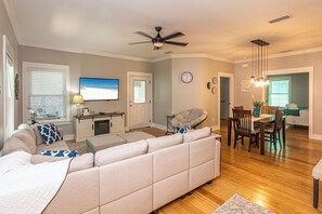 Smart TV, fireplace, books