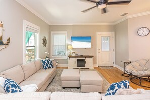 Smart TV, fireplace, books