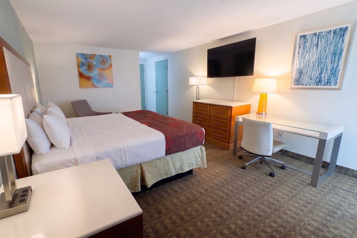 Habitación de hotel con cama, escritorio, silla, televisor y obras de arte.