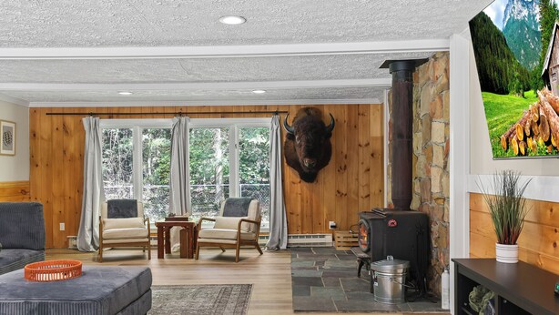 A cozy living room with a fireplace, wooden walls, and a mounted animal head. - The Woodland Haven - Secluded 3 bed, 2 bath, and Hot Tub! (Great Valley)