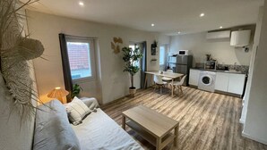 En kompakt bolig med sofa, spisebord, tekøkken med vaskemaskine og en potteplante.
