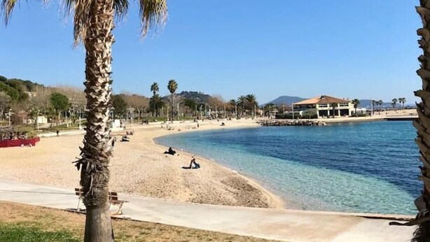 En strand med klart blåt vand, en palme og en bygning i baggrunden.