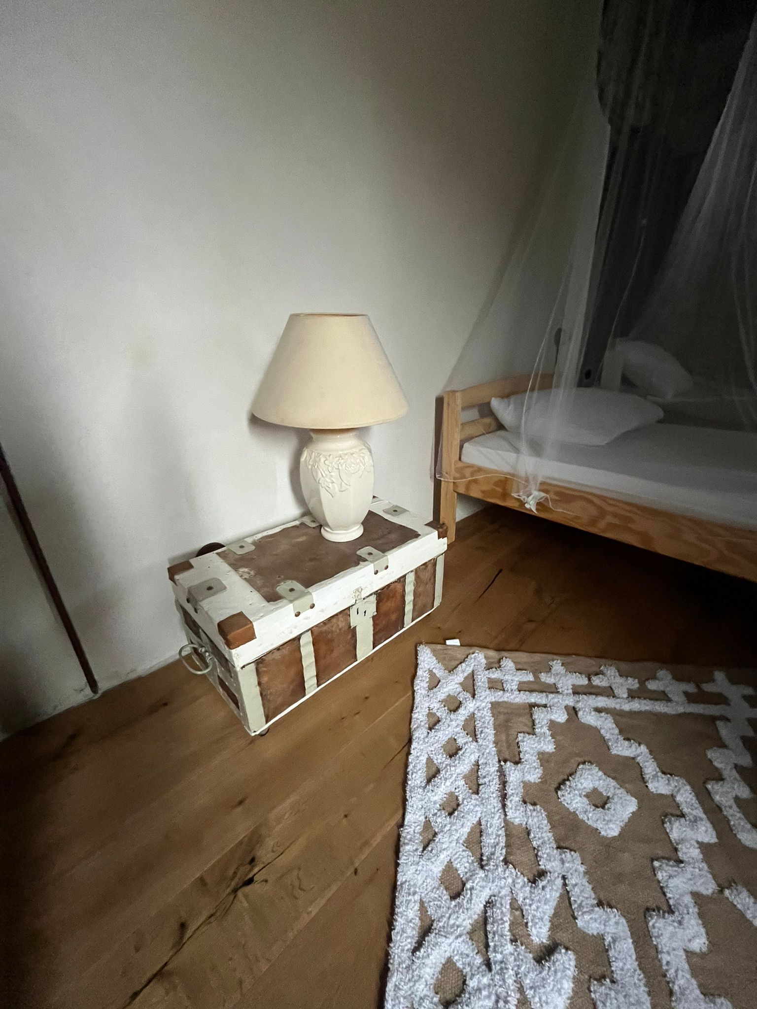 A bed with a mosquito net, a bedside lamp on a chest, and a patterned rug on the floor.
