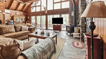 Smart TV, fireplace, books, printers