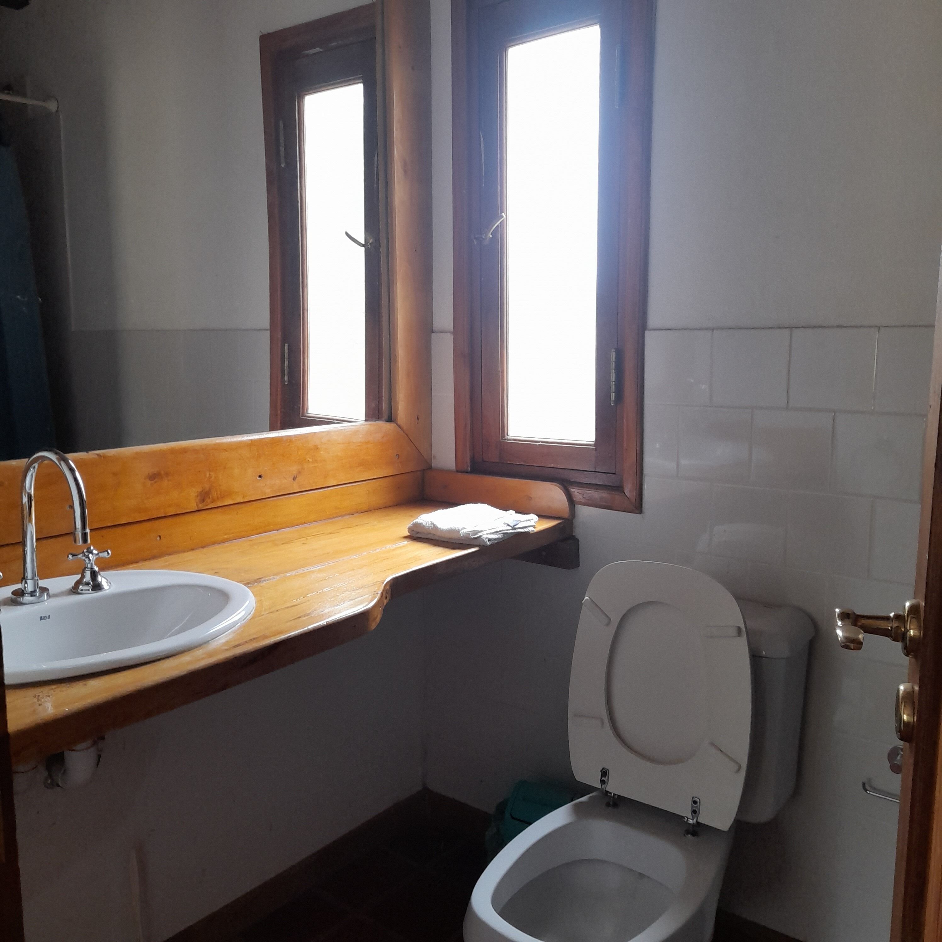 Une petite salle de bain avec un meuble-lavabo en bois, un lavabo blanc et des toilettes.