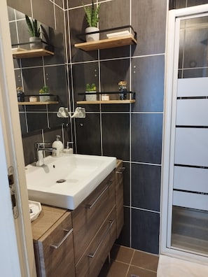 Shower, hair dryer, towels, soap