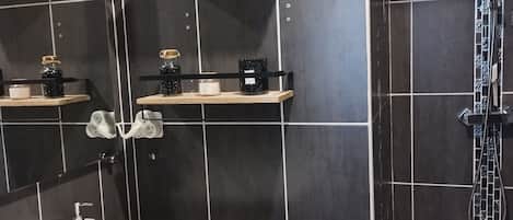 Shower, hair dryer, towels, soap