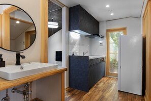 Fridge, microwave, cookware/dishes/utensils