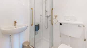 A bathroom with a glass-enclosed shower, a white sink, and a toilet.