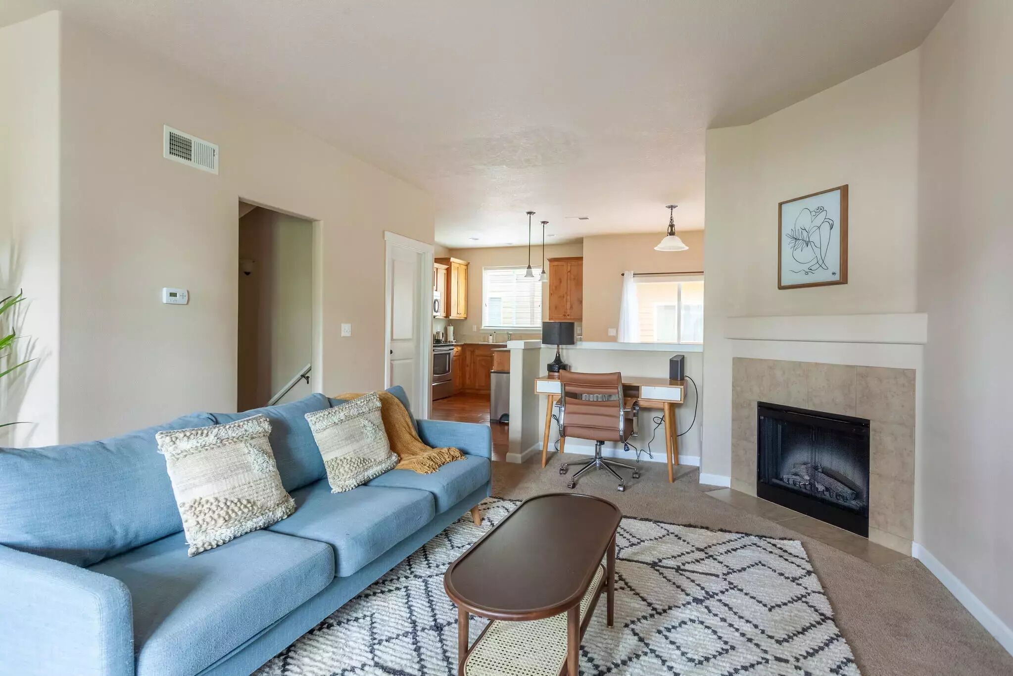 Smart TV, fireplace, books