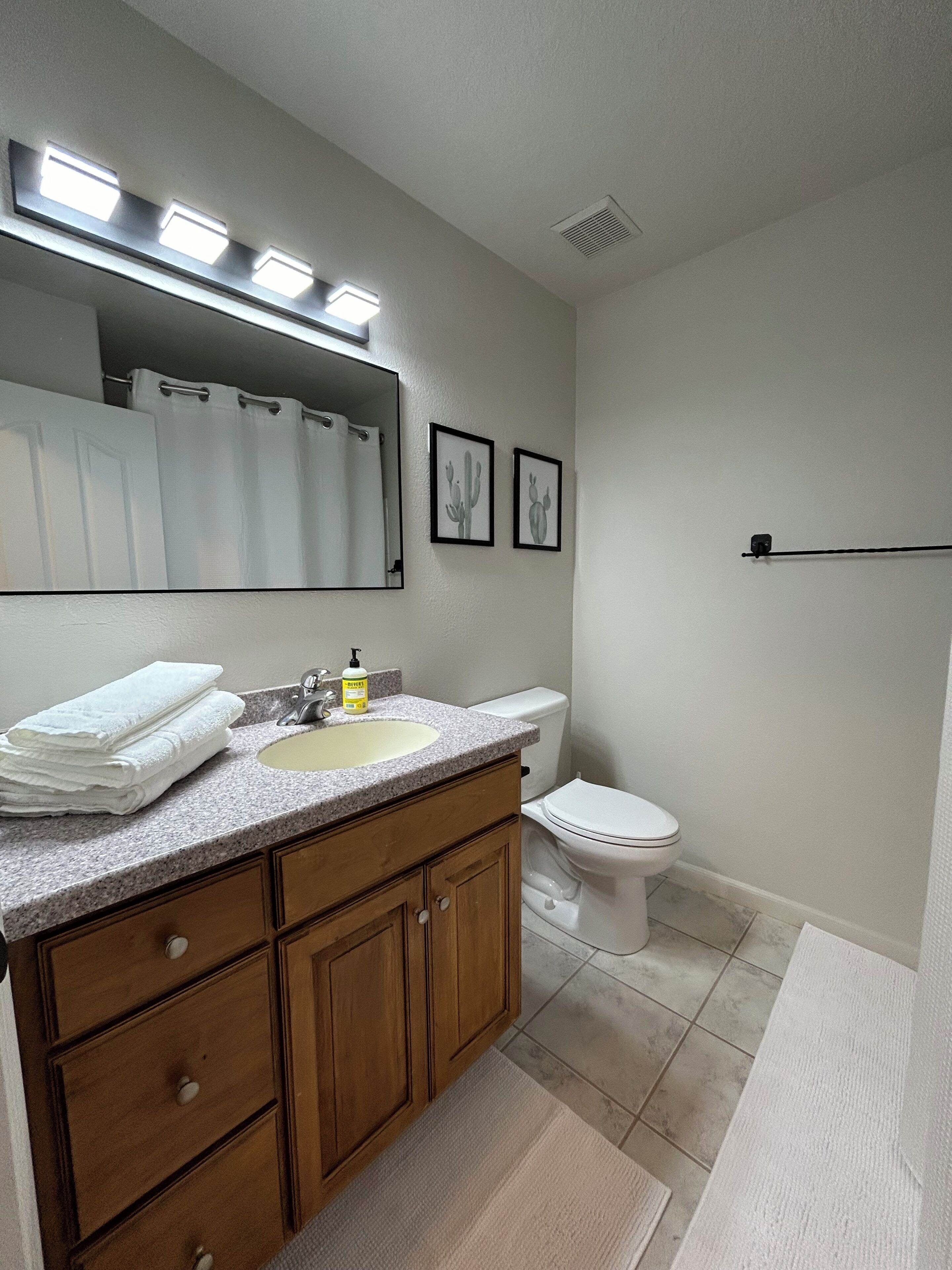 Une salle de bain avec un lavabo, des toilettes et un rideau de douche.