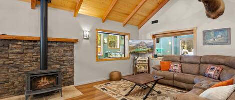 TV connectée, cheminée, lecteur de DVD, vidéothèque