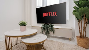 A modern living room with a large flat-screen TV displaying "NETFLIX," a white console table, a round coffee table, a potted plant, and a large indoor plant.