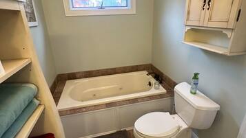 Shower, jetted bath, hair dryer, towels