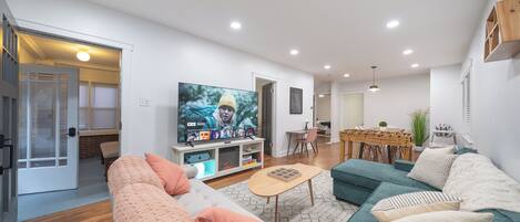 Smart TV, fireplace, foosball