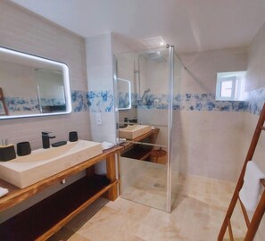 Douche, séchoir à cheveux, serviettes fournies