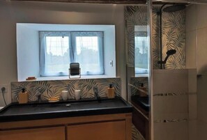 Shower, hair dryer, towels - Studio 'Gîte B du Domaine de l'Epinay' with Private Terrace, Garden and Wi-Fi (Saint-Fort)
