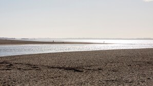 Ein Strand mit weitem, sandigem Ufer und ruhigem Wasser.