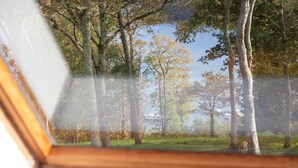 Blick durch ein Fenster mit Holzrahmen, Bäume und ein Gewässer im Hintergrund.