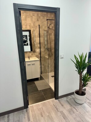 Dusche, Haartrockner, Handtücher, Seife