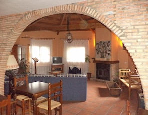 A living room with a TV, fireplace, dining area, and a stone archway.