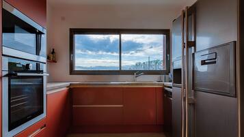 Fridge, microwave, oven, stovetop