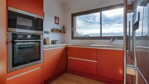 A modern kitchen with stainless steel appliances, a window with a view, and red cabinetry.