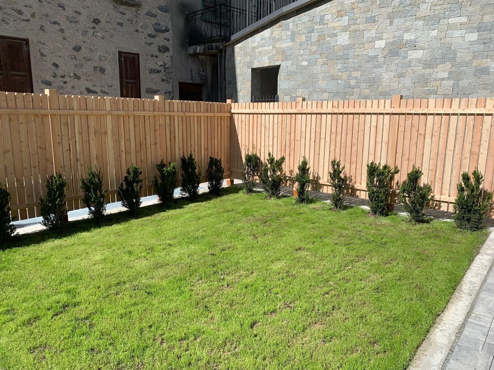 A courtyard with a wooden fence, small trees, and a grassy area.
