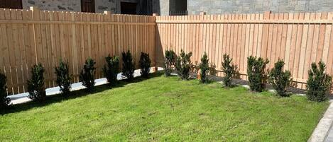 A courtyard with a wooden fence, small trees, and a grassy area.