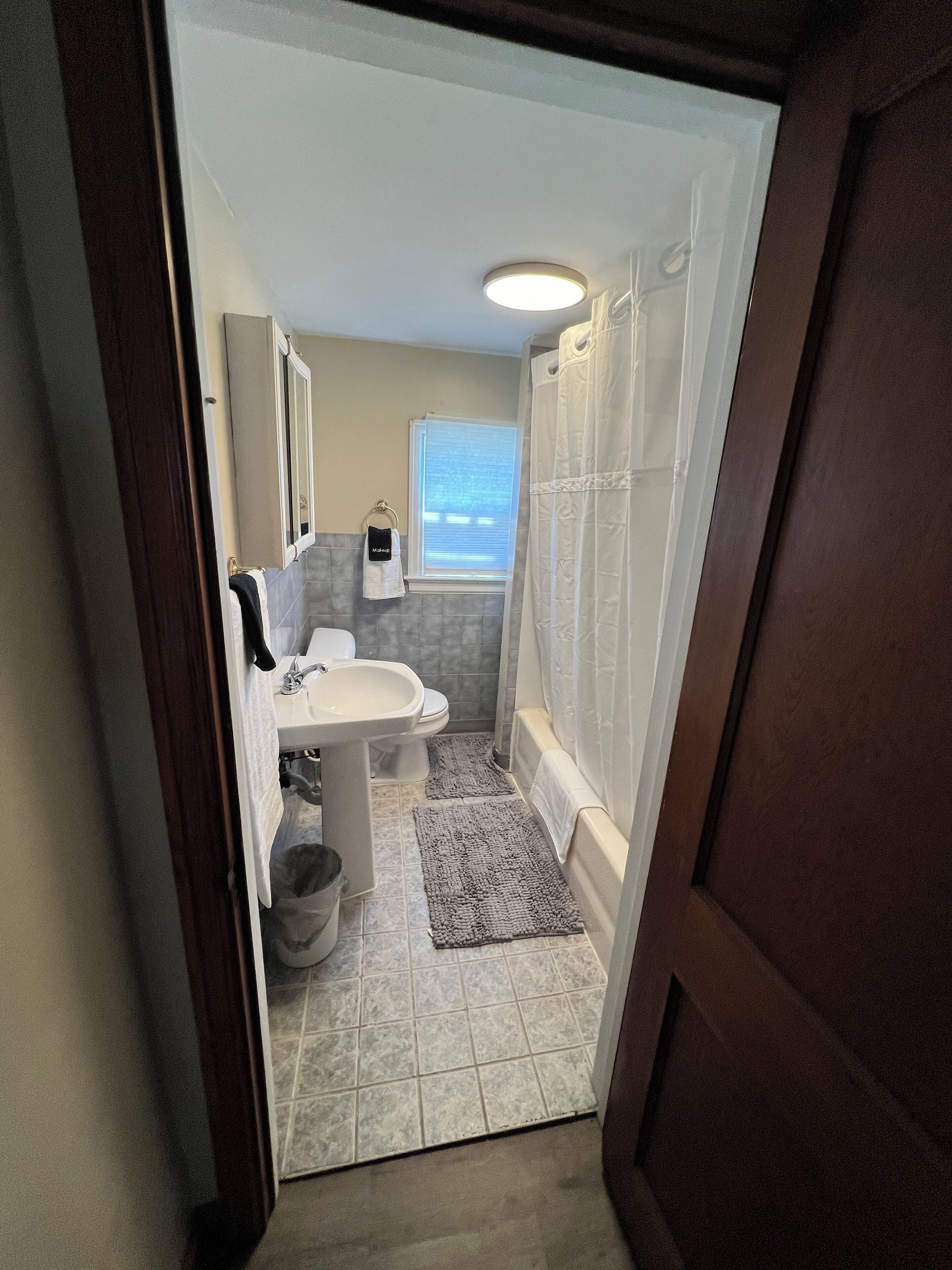 Hair dryer, towels, soap, shampoo