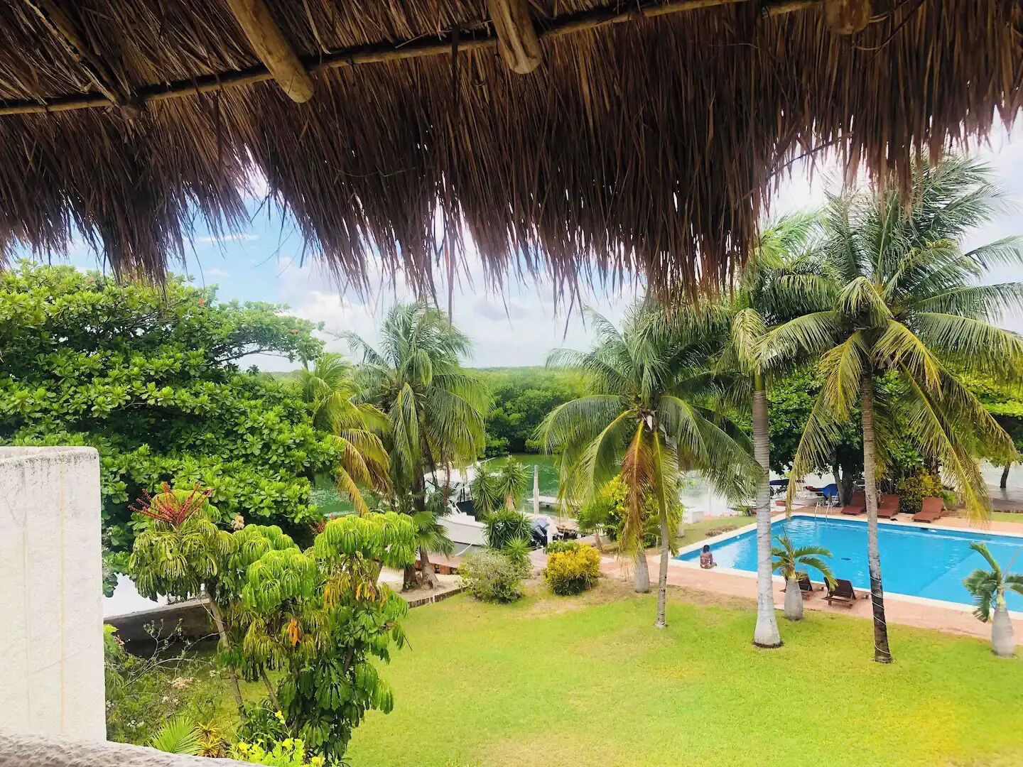A pool area with palm trees, a thatched roof, and a view of the surrounding greenery.