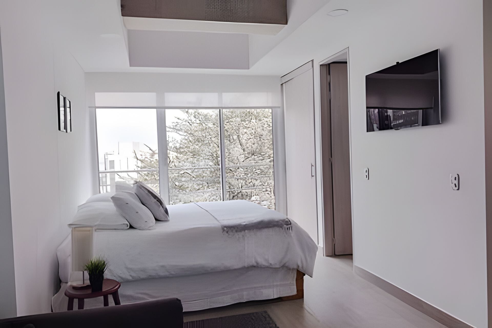 Une chambre moderne avec un grand lit, un téléviseur fixé au mur et une fenêtre donnant sur les arbres.
