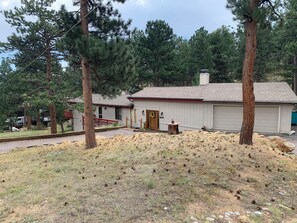 Einbungalow mit Garage, umgeben von Kiefern und einer Rasenfläche mit verstreuten Kiefernzapfen.