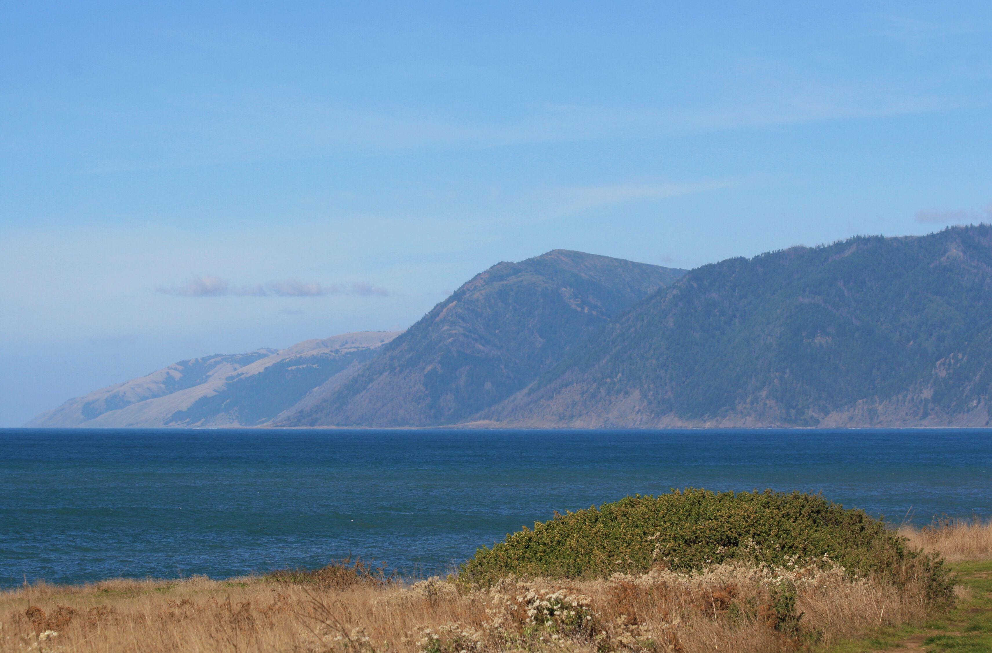 Eine Küstenlandschaft mit freiem Blick auf das Meer und Berge im Hintergrund.