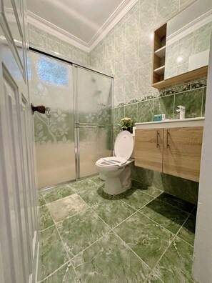 Een douche, een haardroger, handdoeken, zeep