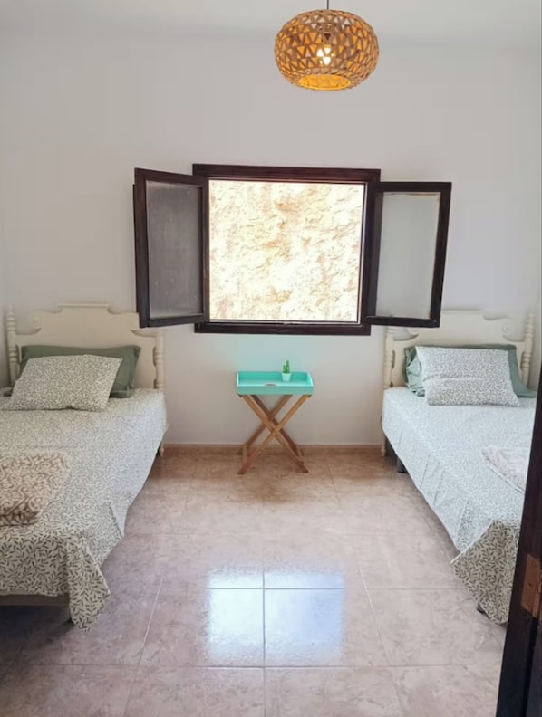 A bedroom with two beds, a small table with a plant, and a large window with a view.