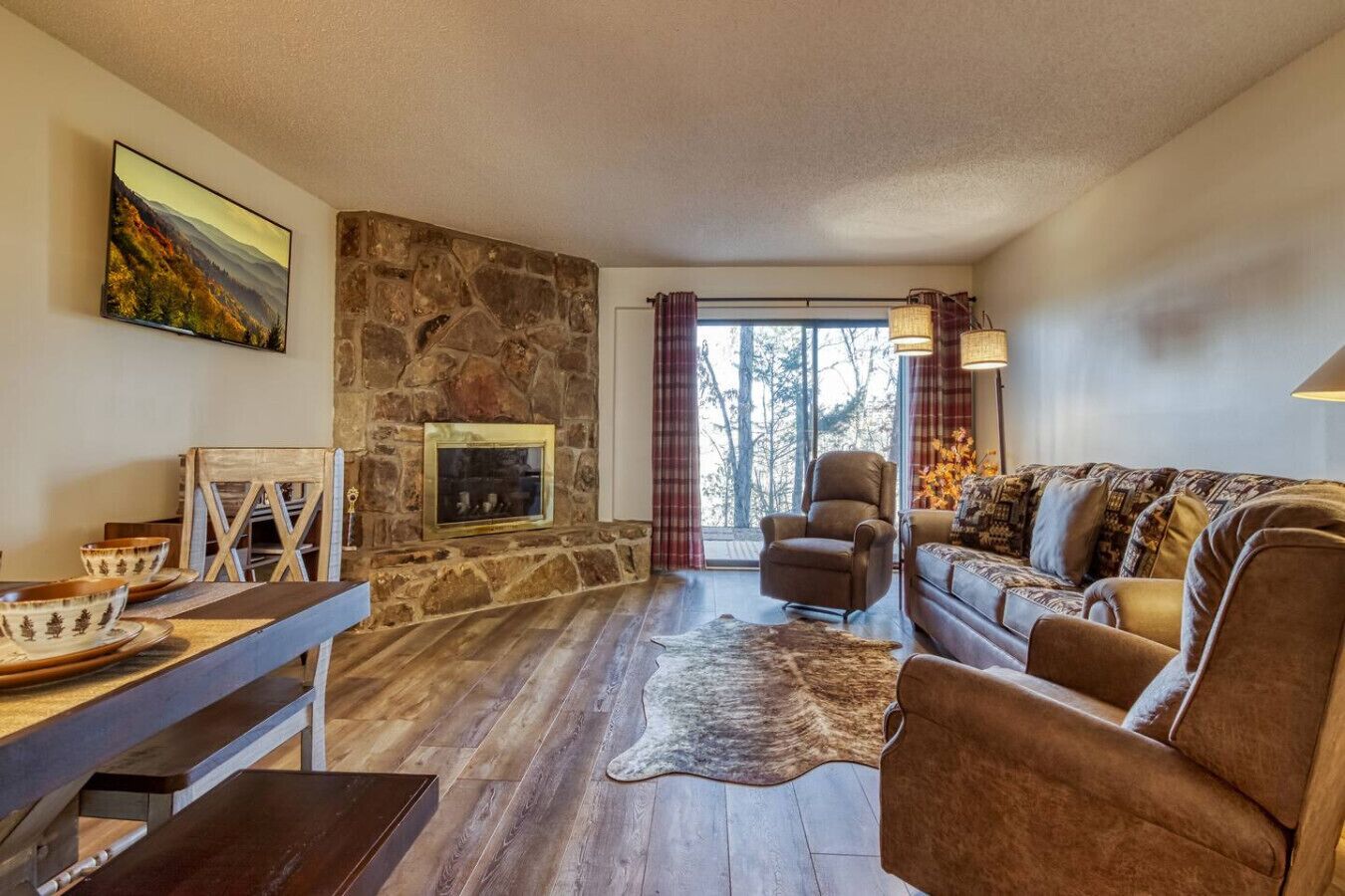 Smart TV, fireplace, books