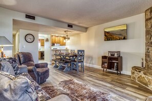 Smart TV, fireplace, books