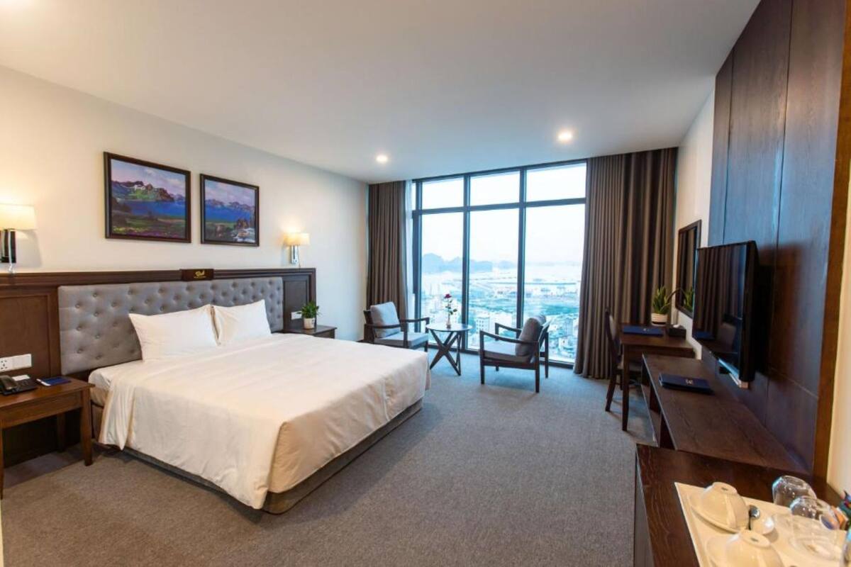 A hotel room with a large bed, a desk, a chair, a TV, and a view of the city.