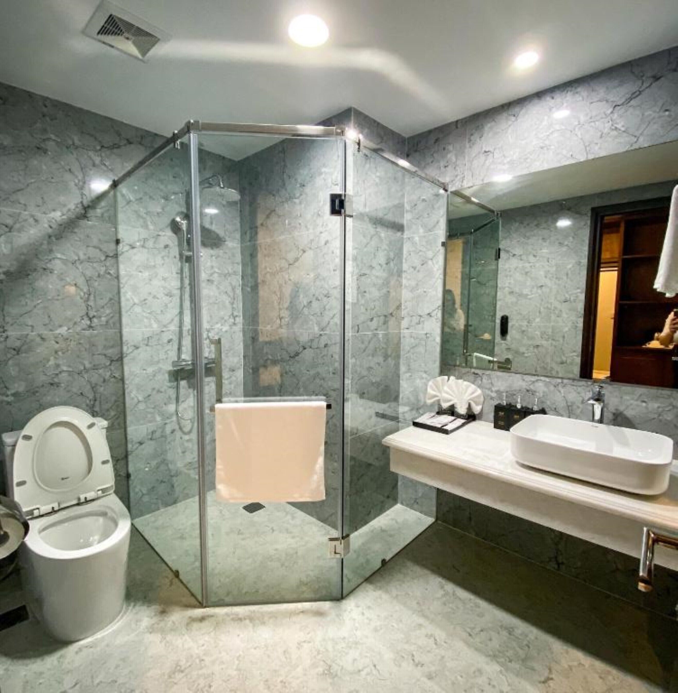 A modern bathroom with a glass-enclosed shower, a toilet, and a vanity with a sink and mirror.
