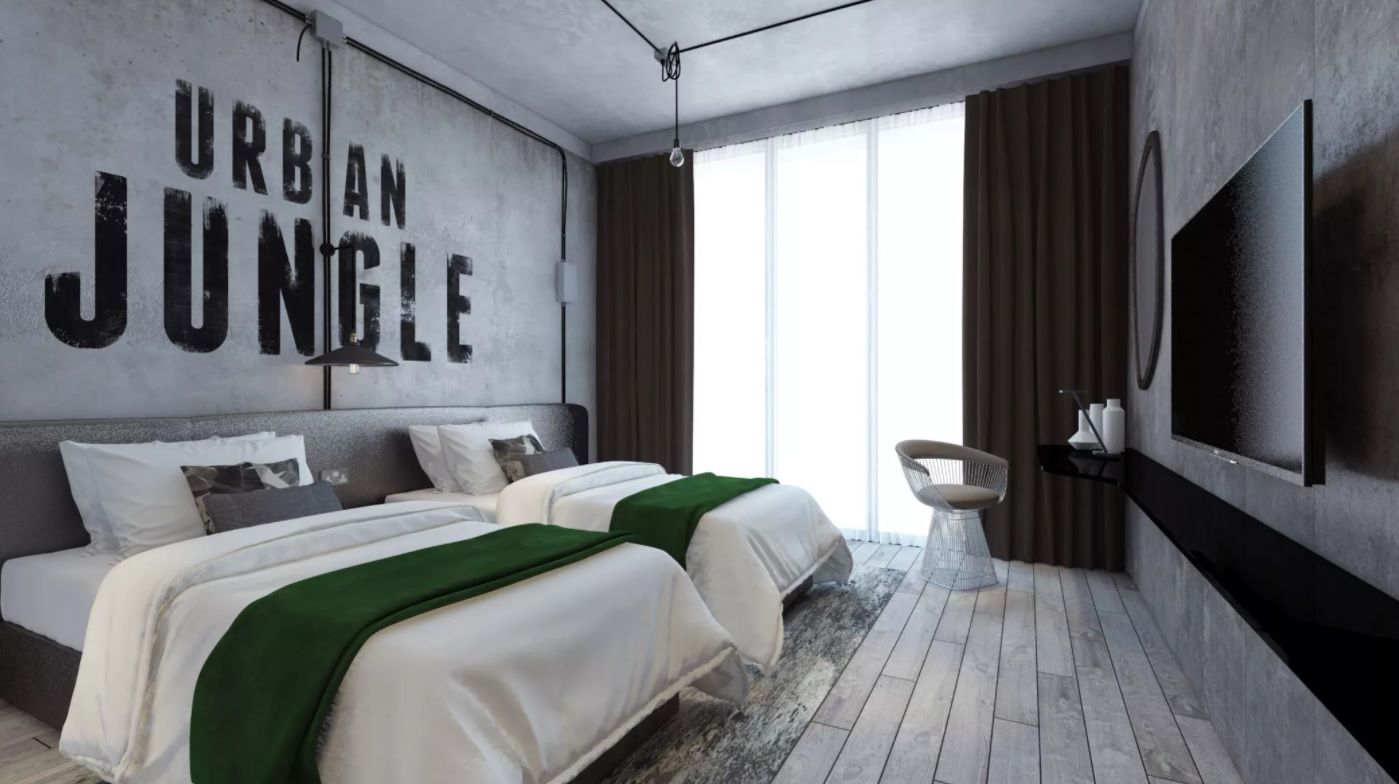 A modern hotel room with two beds, a large TV, and a view of the outdoors.