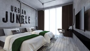 A modern hotel room with two beds, a large TV, and a view of the outdoors. - Scapes Hotel (Genting Highlands)