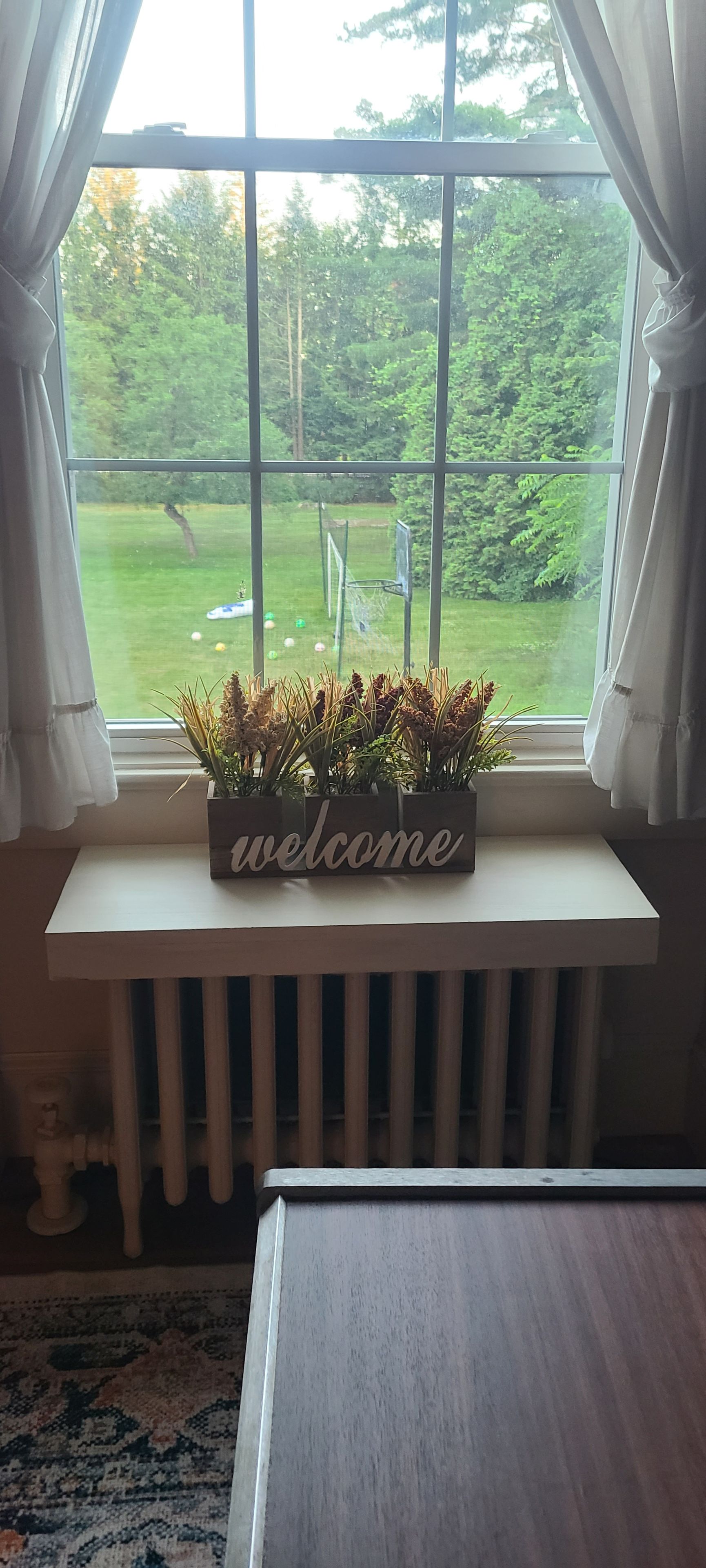 Una ventana con un cartel de 'welcome', un radiador debajo y vistas a un área verde exterior.