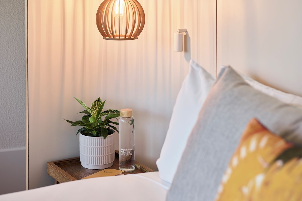 A neatly arranged hotel room with a bedside table featuring a potted plant, a water bottle, and a white pillow.